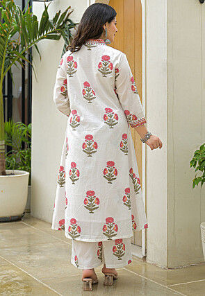 Printed Pure Cotton Pakistani Suit in White