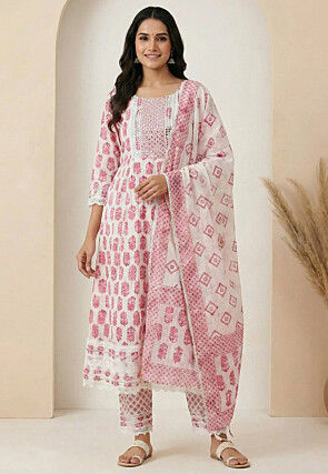 Printed Pure Cotton Anarkali Suit in White