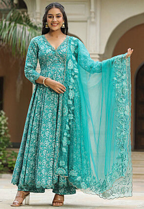 Printed Pure Cotton Abaya Style Suit in Blue