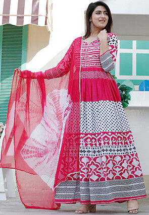 Printed Pure Cotton Abaya Style Suit in Fuchsia and White
