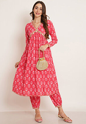 Printed Pure Cotton Alia Cut Punjabi Suit in Coral Pink