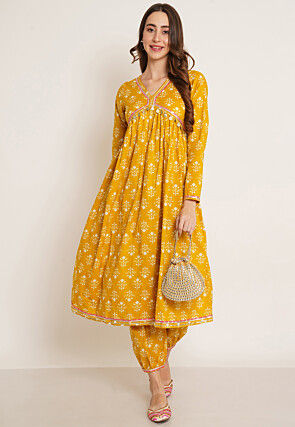 Printed Pure Cotton Alia Cut Punjabi Suit in Dark Yellow