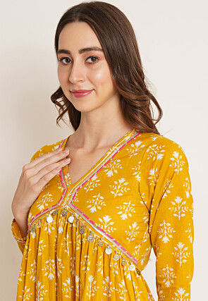 Printed Pure Cotton Alia Cut Punjabi Suit in Dark Yellow