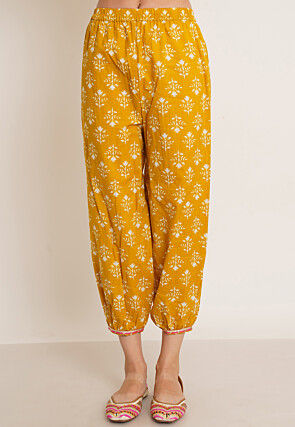 Printed Pure Cotton Alia Cut Punjabi Suit in Dark Yellow