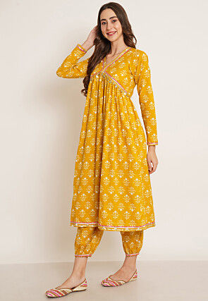 Printed Pure Cotton Alia Cut Punjabi Suit in Dark Yellow