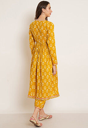Printed Pure Cotton Alia Cut Punjabi Suit in Dark Yellow