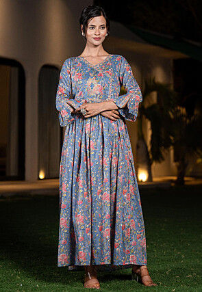 Printed Pure Cotton Aline Dress in Blue