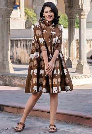 Printed Pure Cotton Aline Dress in Brown