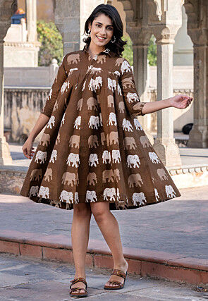 Printed Pure Cotton Aline Dress in Brown