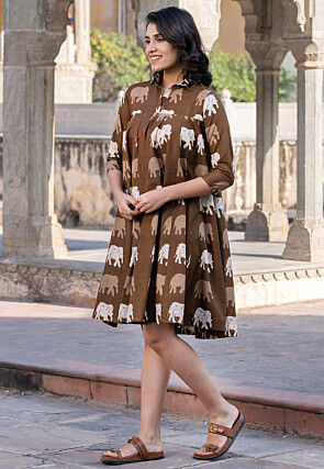 Printed Pure Cotton Aline Dress in Brown