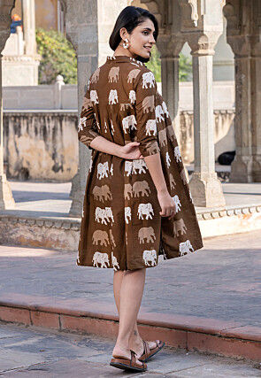 Printed Pure Cotton Aline Dress in Brown