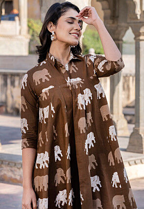 Printed Pure Cotton Aline Dress in Brown