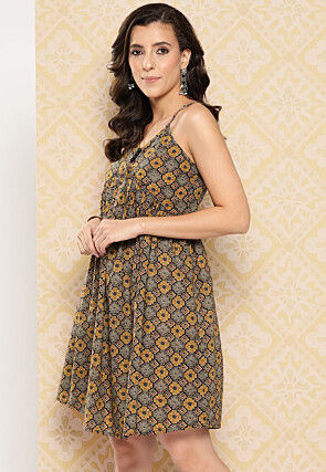 Printed Pure Cotton Aline Dress in Brown