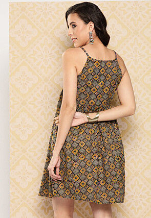 Printed Pure Cotton Aline Dress in Brown