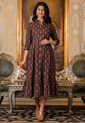 Printed Pure Cotton Aline Dress in Dark Brown