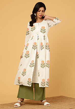 Printed Pure Cotton Aline Kurta Set in Off White