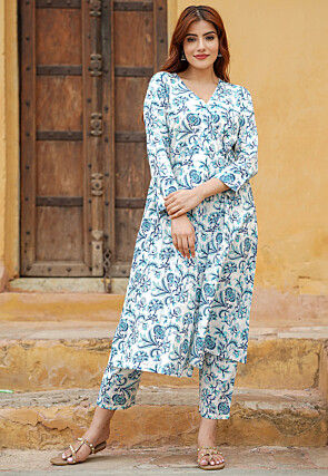 Printed Pure Cotton Aline Kurta Set in White and Blue