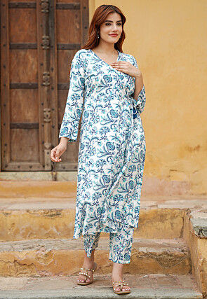 Printed Pure Cotton Aline Kurta Set in White and Blue