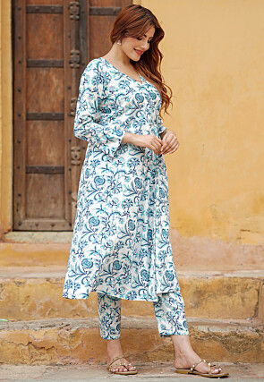 Printed Pure Cotton Aline Kurta Set in White and Blue