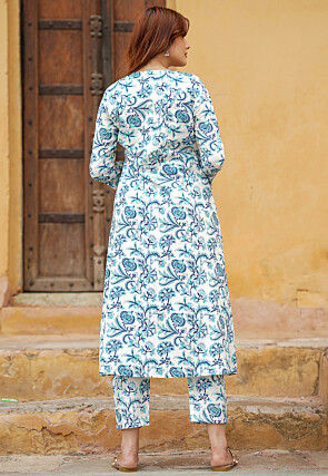 Printed Pure Cotton Aline Kurta Set in White and Blue