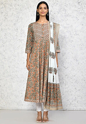 Printed Pure Cotton Aline Suit in Beige
