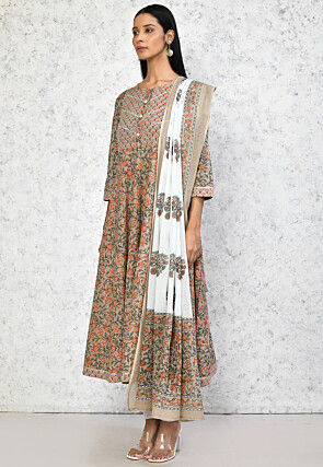 Printed Pure Cotton Aline Suit in Beige