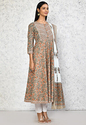 Printed Pure Cotton Aline Suit in Beige