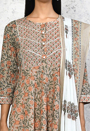 Printed Pure Cotton Aline Suit in Beige