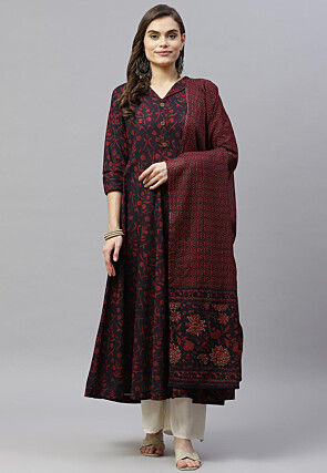 Printed Pure Cotton Aline Suit in Black