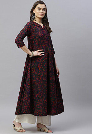 Printed Pure Cotton Aline Suit in Black