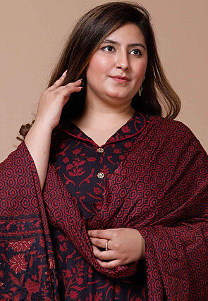 Printed Pure Cotton Aline Suit in Black