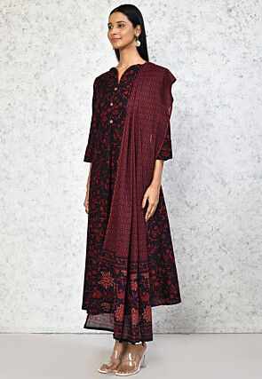 Printed Pure Cotton Aline Suit in Black