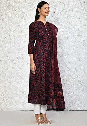 Printed Pure Cotton Aline Suit in Black