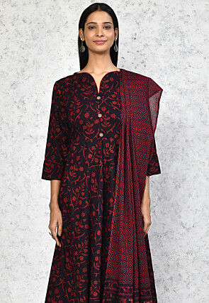 Printed Pure Cotton Aline Suit in Black