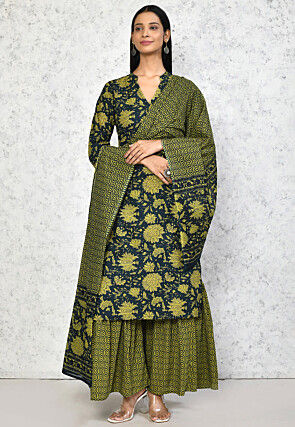 Printed Pure Cotton Aline Suit in Dark Green