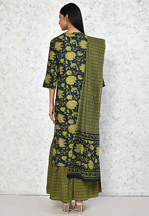 Printed Pure Cotton Aline Suit in Dark Green