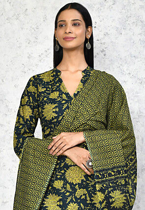 Printed Pure Cotton Aline Suit in Dark Green