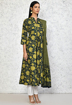 Printed Pure Cotton Aline Suit in Dark Green