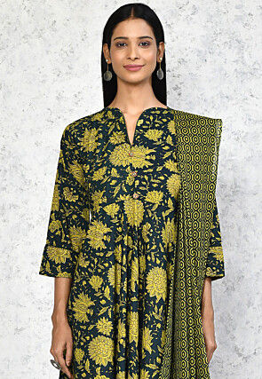 Printed Pure Cotton Aline Suit in Dark Green