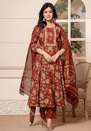 Printed Pure Cotton Aline Suit in Dark Orange