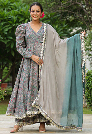 Printed Pure Cotton Aline Suit in Grey