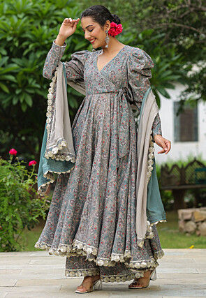 Printed Pure Cotton Aline Suit in Grey