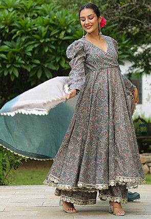 Printed Pure Cotton Aline Suit in Grey