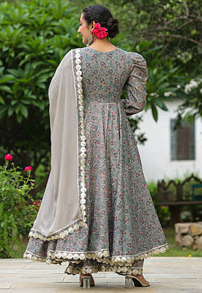 Printed Pure Cotton Aline Suit in Grey