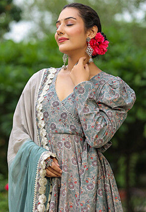 Printed Pure Cotton Aline Suit in Grey