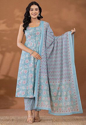 Printed Pure Cotton Aline Suit in Light Blue