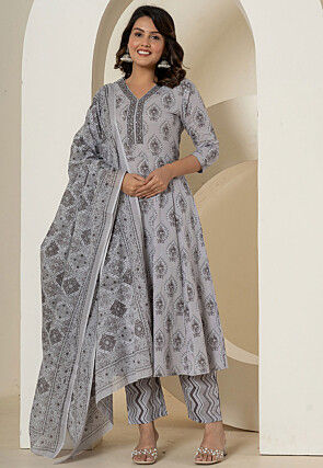 Printed Pure Cotton Aline Suit in Light Grey