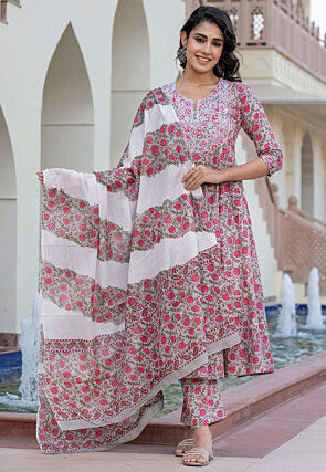 Printed Pure Cotton Aline Suit in Light Grey