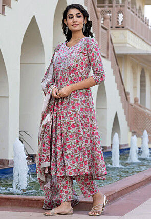 Printed Pure Cotton Aline Suit in Light Grey