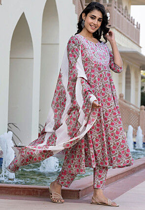 Printed Pure Cotton Aline Suit in Light Grey